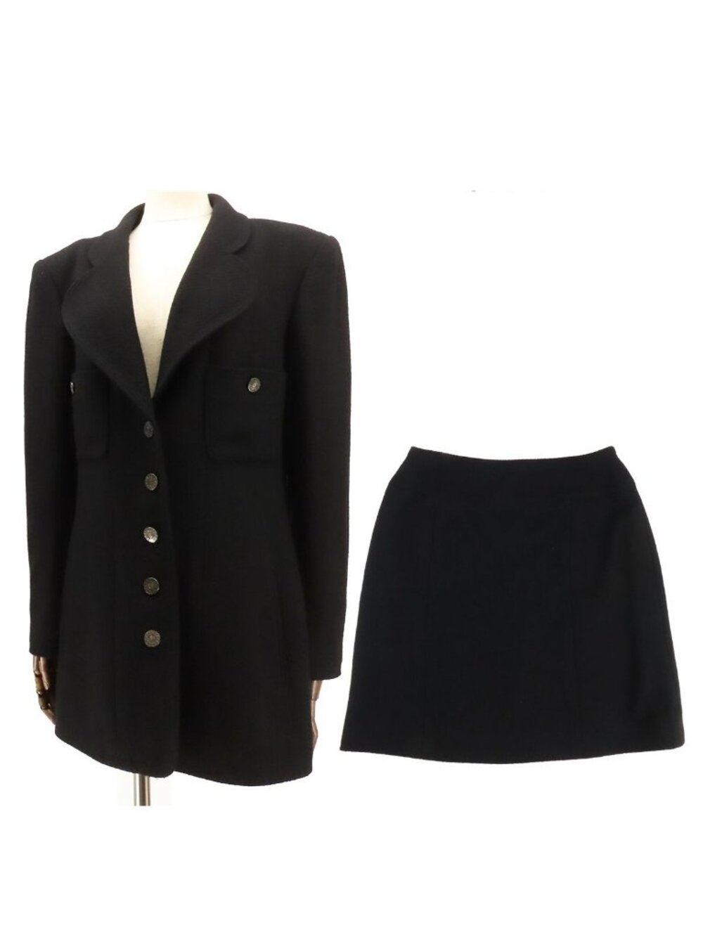 Chanel Skirt Suit Set Vintage Black Wool Polyester 42
